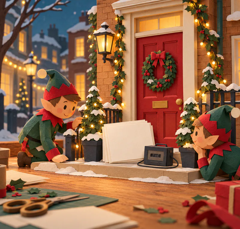 Two paper elves inspect a miniature red doorway decorated with a wreath and warm lights, with blank ivory cards and a cassette player on the step.