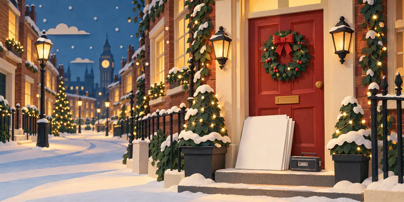 Blank cards and a cassette player rest on the step of a red Christmas doorway, with warm lanterns lighting a snowy street.