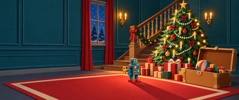 A small teal wind-up robot casts a long shadow on a red rug beside a toy trunk and Christmas presents, beneath a lit tree in a teal-panelled hall.