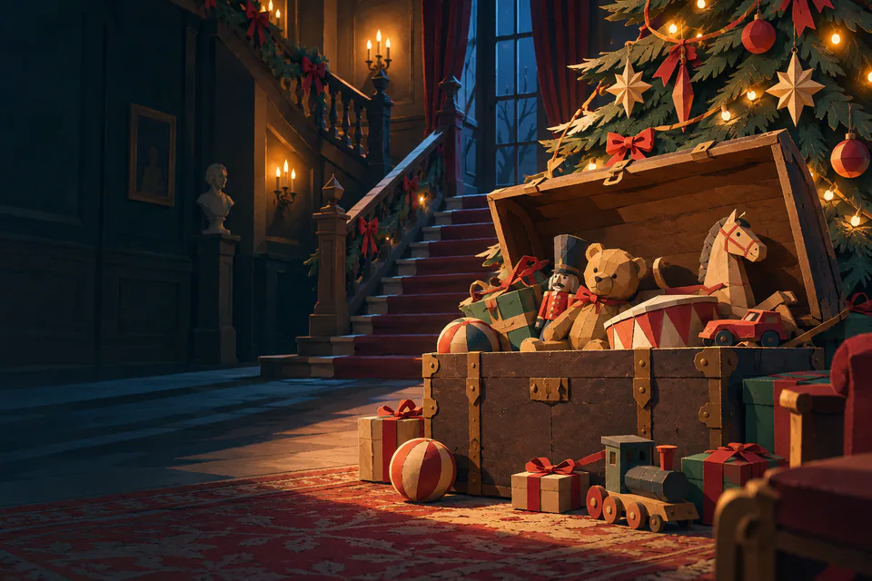 An open paper trunk holds old toys beneath a decorated Christmas tree in a shadowy mansion hall, with a staircase and tall window behind.