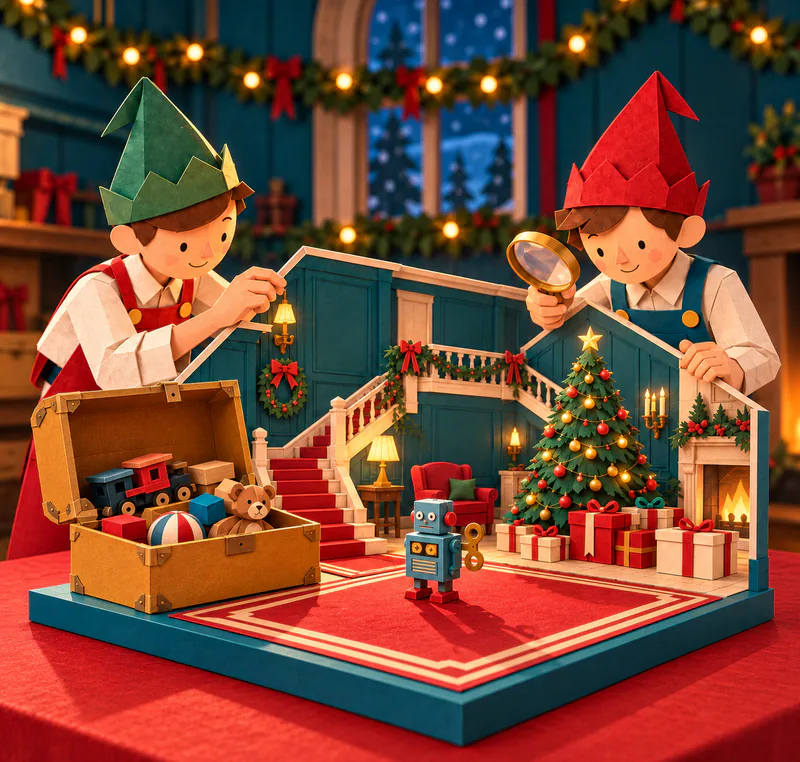 Two paper elves inspect a miniature hall with an open toy trunk, a wind-up robot on a red rug and presents beneath a decorated tree.