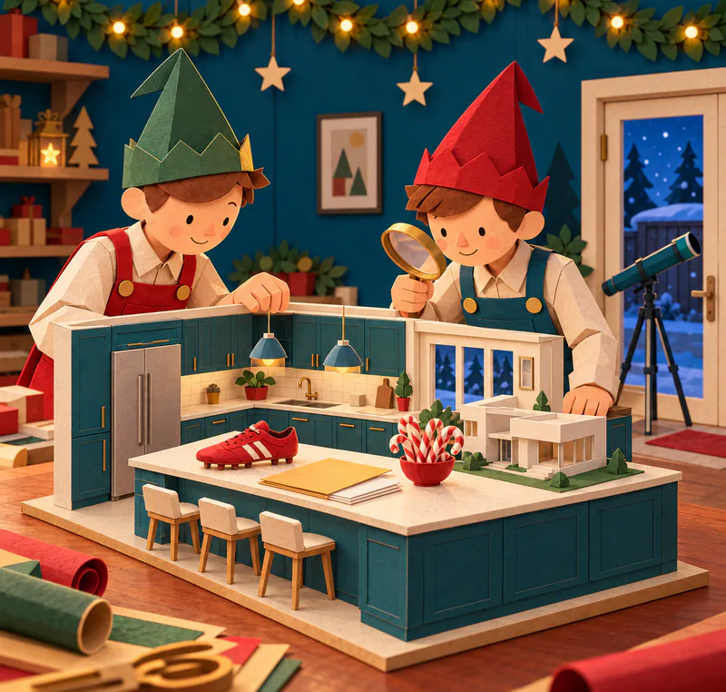 Two paper elves inspect a miniature teal kitchen with a red football boot, blank folder, bowl of candy canes and white building model on its island. A telescope stands by the door.