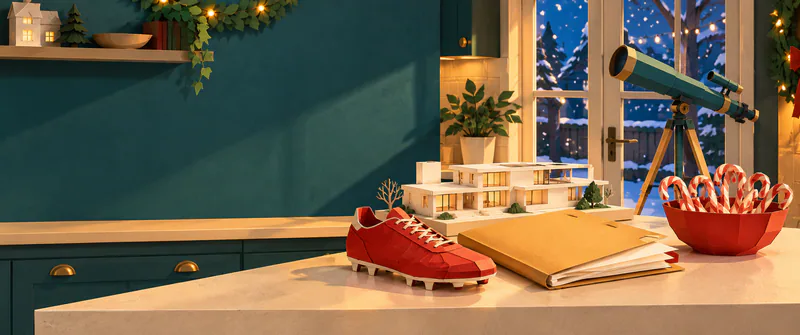 A red paper football boot, ochre folder, white building model and candy cane bowl occupy a cream kitchen island. A teal telescope faces the garden door, with quiet wall space at left.