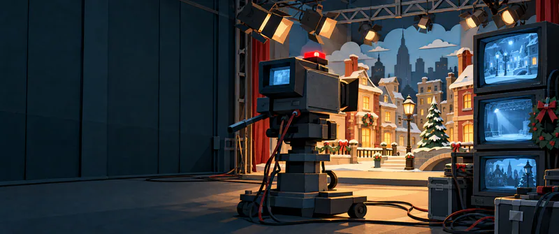 A paper television camera with a red tally light faces a snowy Victorian stage inside a dark studio. Blue CRT screens, cables and a wreath sit to the right of a quiet acoustic wall.