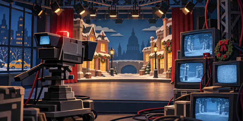 A red-lit television camera and blue CRT monitors frame an empty Victorian Christmas set inside a paper studio. Cables curl across the floor, and a yellow taxi is visible through a side window.