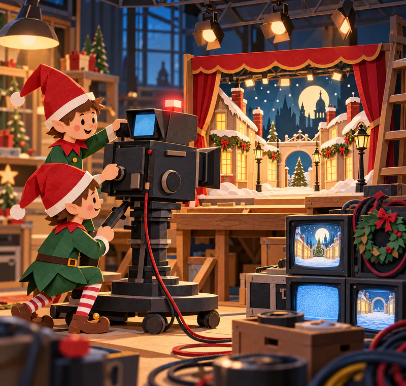 Two paper elves adjust a red-lit television camera aimed at an empty miniature Christmas stage. Blue monitors, a wreath and looping cables fill the warm workshop bench.