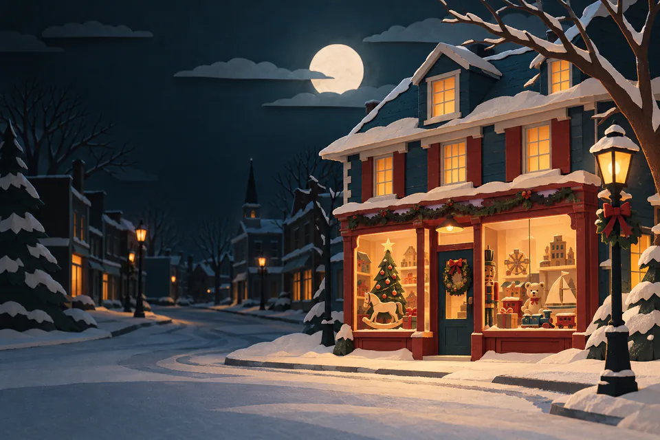 An amber-lit paper toy shop displays a rocking horse, toy train and Christmas tree beside a deserted snowy street under a pale moon.