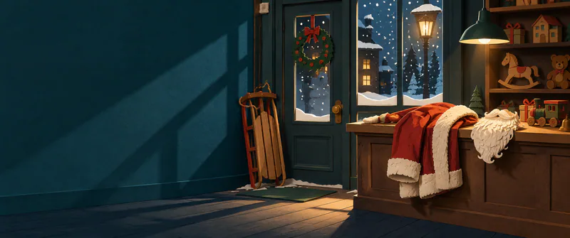 A red jacket and white false beard lie on a toy shop counter under an amber lamp. A wooden sledge rests by the door as snow falls outside.