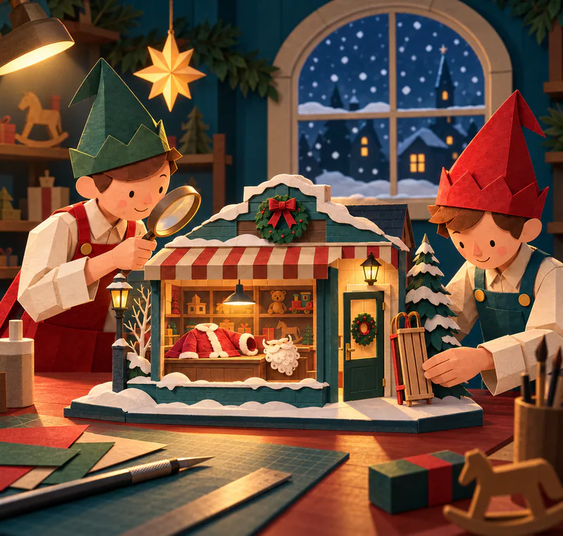 Two paper elves inspect a miniature snowy toy shop, one with a magnifying glass and the other holding a sledge. A red jacket and white beard lie inside.
