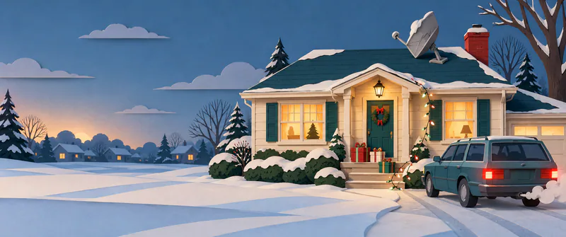 A paper bungalow at dusk has an askew satellite dish, dangling festive lights and porch presents beside an idling teal car, with open snow to the left.