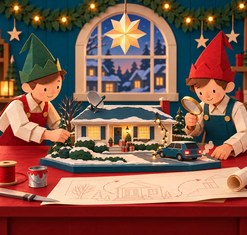 Two paper elves inspect a miniature bungalow with a tilted satellite dish, dangling lights, porch presents and a teal car with a paper exhaust puff.