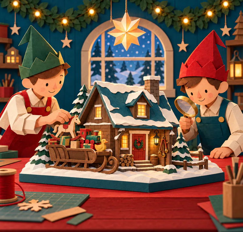 Two paper elves study a snowy cottage model and toy sledge, with warm windows and a tiny bell harness beside its door.