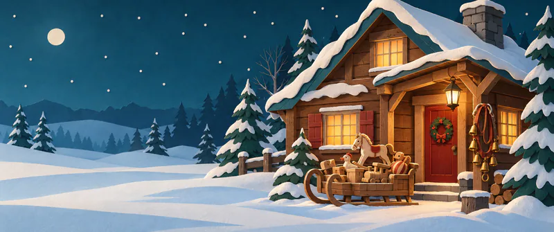 A toy-filled paper sledge rests outside a warmly lit snowy cottage, with a bell-covered harness hanging beside its red door.