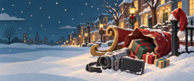 A paper camcorder rests in snow beside a sleigh runner and spilled presents on the right of a lamplit city street, with a red hat on a fence.
