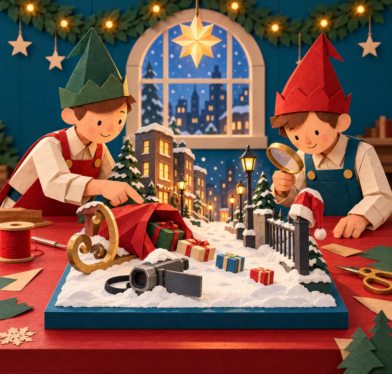 Two paper elves study a snowy city diorama with a camcorder, red gift sack, scattered parcels, gold sleigh runner and red hat on a fence.