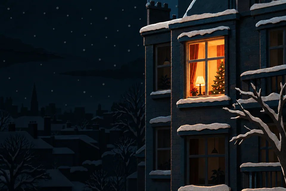 One amber-lit window reveals a Christmas tree in a dark paper block of flats, overlooking snowy rooftops beneath a winter night sky.