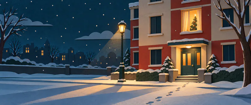 A single trail of footprints leads across snow to a block of flats. A Christmas tree glows behind pale curtains in one window above the entrance.