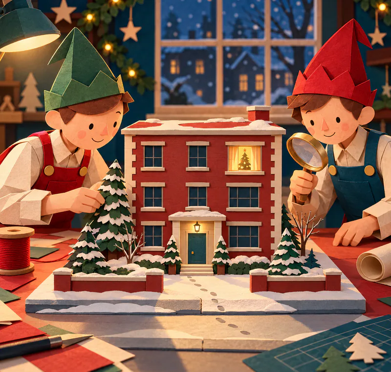 Two paper elves inspect a miniature red block of flats. A tree glows behind curtains in one window, and a single trail of footprints leads through snow to the entrance.