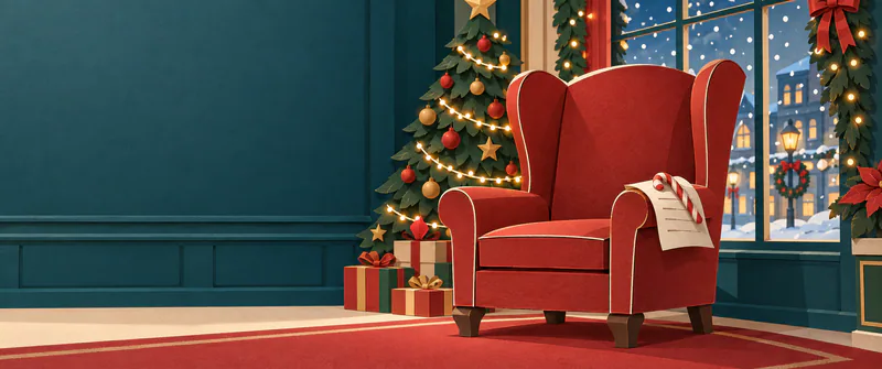An empty red paper armchair stands beside a lit Christmas tree and snowy shop window. A candy cane holds a wish sheet on its armrest, with quiet teal wall space.
