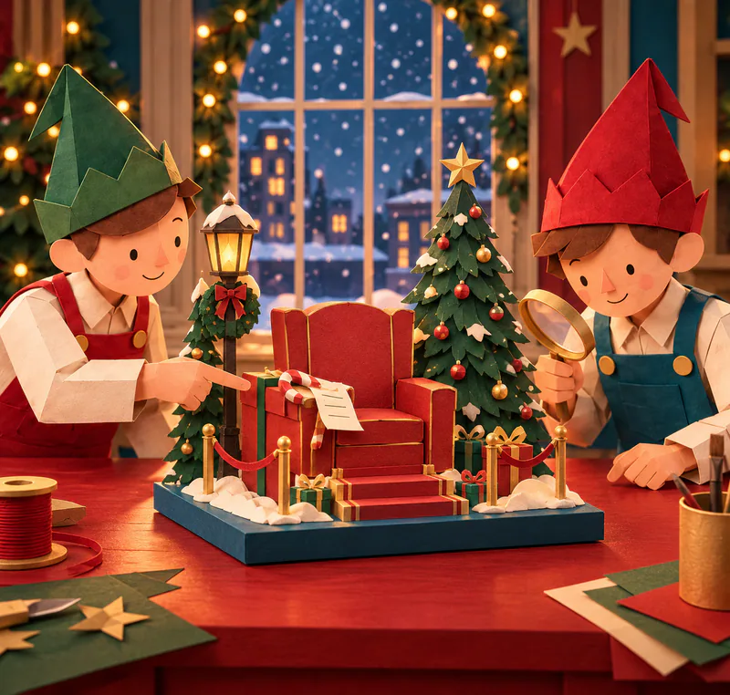 Two paper elves inspect a miniature red grotto armchair with a candy cane and wish sheet on its armrest, surrounded by Christmas trees and tiny gifts.