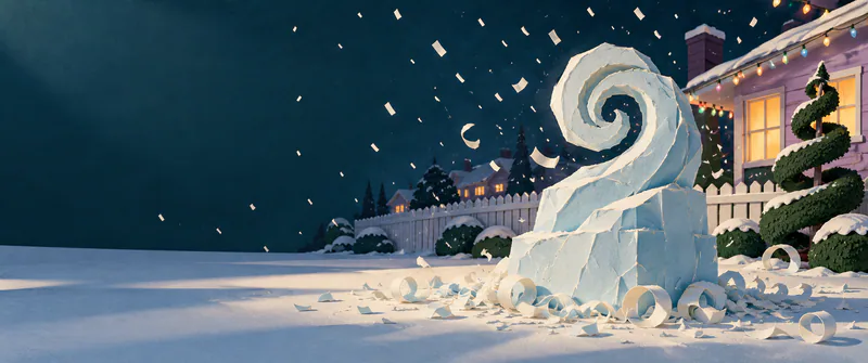 An unfinished spiral ice sculpture rises from a block in a snowy paper garden. Shavings drift past coloured lights, with a spiral hedge and lavender bungalow behind.