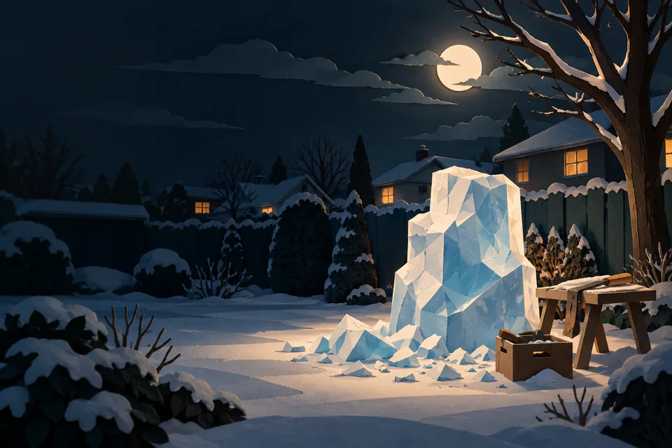 An abstract half-carved paper ice block stands among scattered chips in a snowy garden, beside a workbench and dark houses with amber windows.