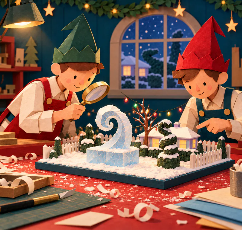 Two paper elves inspect a miniature snowy garden with a magnifying glass. The model contains a spiral ice sculpture, white fence, shaped hedge and lavender bungalow under coloured lights.