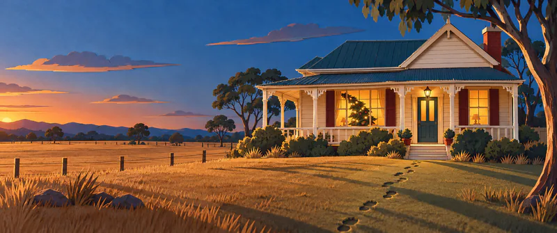A crooked Christmas tree glows in a cream farmhouse window at dusk, while bootprints cross the dry lawn and long shadows stretch towards a fenced paddock.