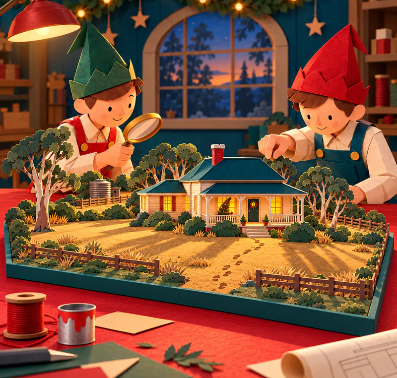 Two paper elves examine a farmhouse model with a crooked lit Christmas tree, dry paddock, eucalyptus trees and bootprints leading to the front steps.