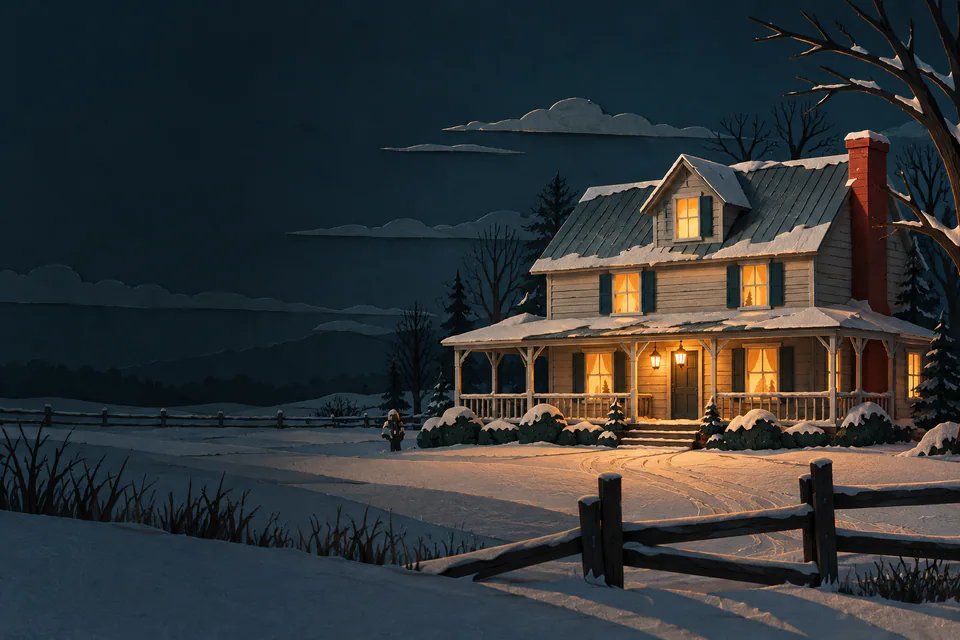 A remote paper farmhouse with a long verandah glows with amber windows across dark snowy fields, with a wooden fence in the foreground.