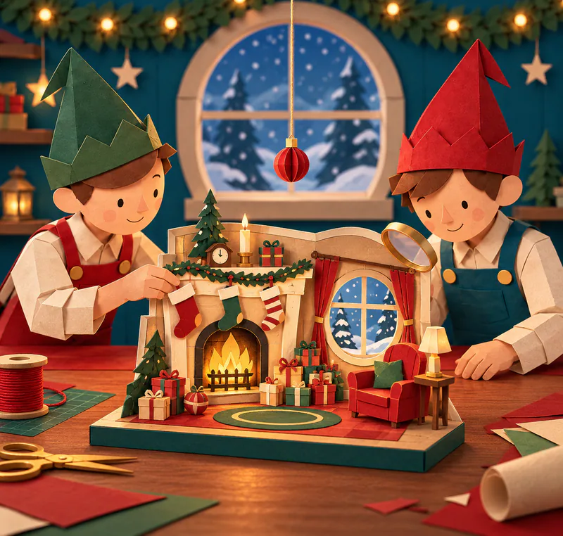 Two paper elves inspect a miniature room with uneven stockings, a glowing fireplace, wrapped parcels and a round snowy window. A red bauble hangs above the model.
