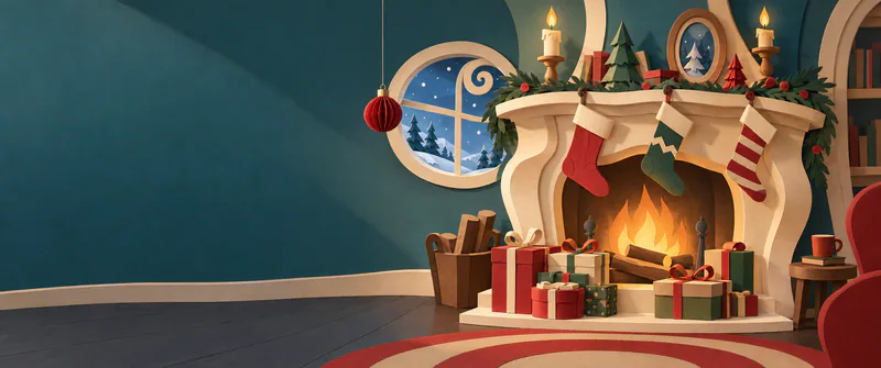 A crooked cream mantel with lopsided stockings stands over piled parcels. A red bauble hangs by a round snowy window, while a quiet teal wall fills the left side.