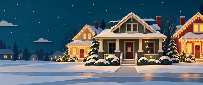 A dark sage-green porch with a blank door clipboard and dangling lights stands between glowing neighbouring houses. Snowy lawns stretch beneath a deep blue night sky.