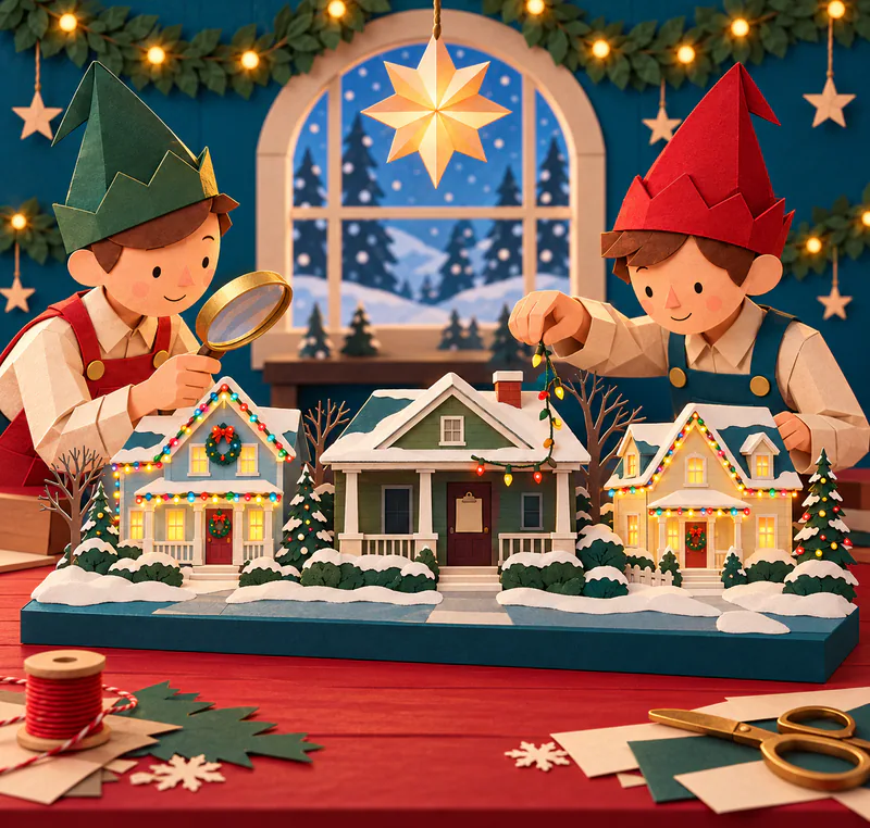 Two paper elves inspect a three-house miniature, one holding a magnifier and the other a light strand. The dark central porch contrasts with brightly decorated neighbours.