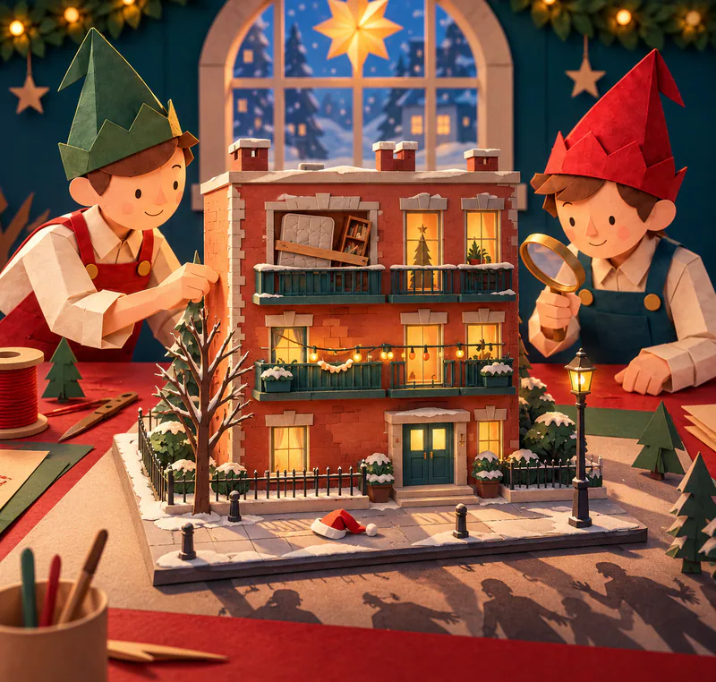 Two paper elves inspect a miniature apartment block with lit balconies and a barricaded window. A red hat lies on its pavement, with long figure shadows across the workbench.