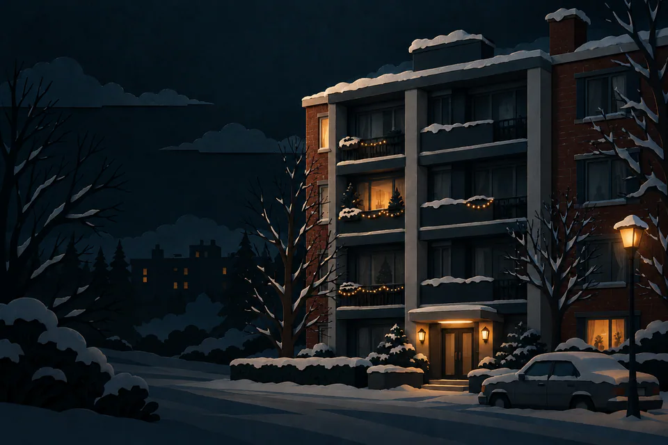 A dark paper apartment block stands in snow with sparse amber windows and Christmas lights on its balconies, beside a parked car and bare trees.