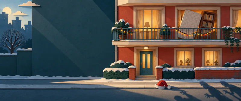 A paper apartment balcony has sagging fairy lights and a window blocked by a mattress and bookcase. A red hat lies below as long figure shadows cross the pavement.