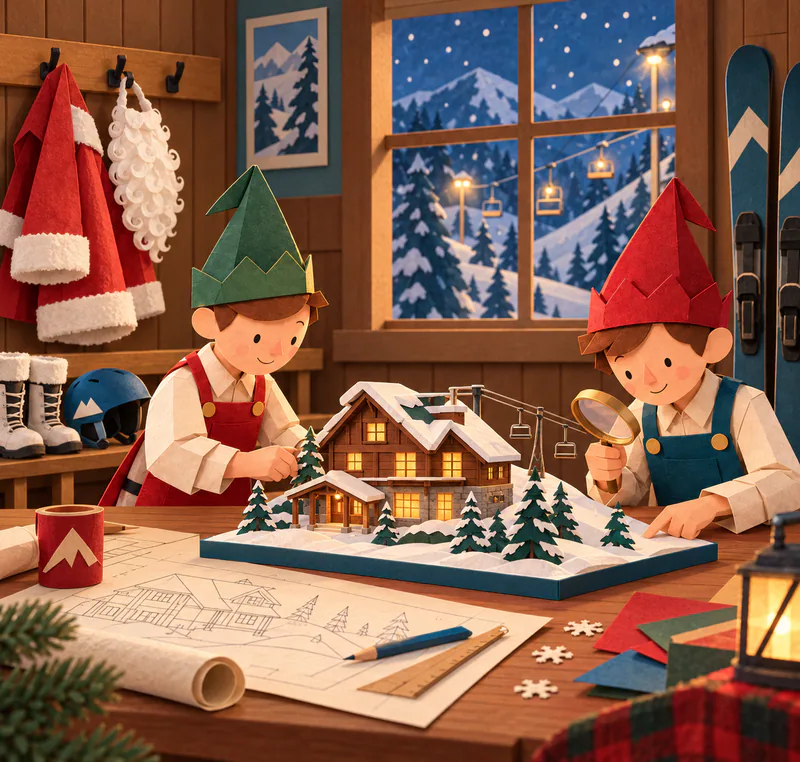 Two paper elves inspect a miniature snowy ski lodge at a worktable, one holding a magnifying glass. A red Santa coat, false beard, boots and helmet sit beside a window onto lit ski slopes.