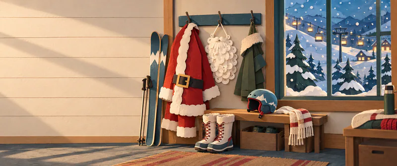 A red Santa suit and curled white false beard hang beside skis in a warm lodge. Snow boots and a blue helmet sit by a bench beneath a window overlooking snowy slopes and a glowing ski lift.