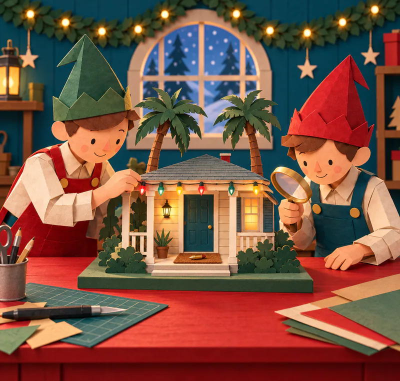 Two paper elves examine a miniature cream porch with coloured lights, two palm trees and a small bullet on the doormat.