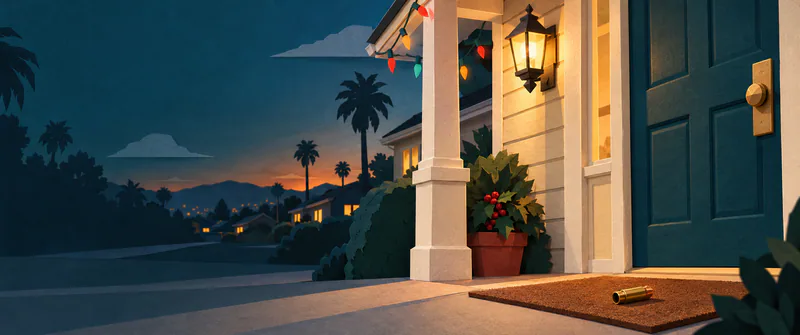 An amber lantern lights a cream porch and a single bullet on its doormat, with coloured Christmas bulbs and palms against a darkening sky.