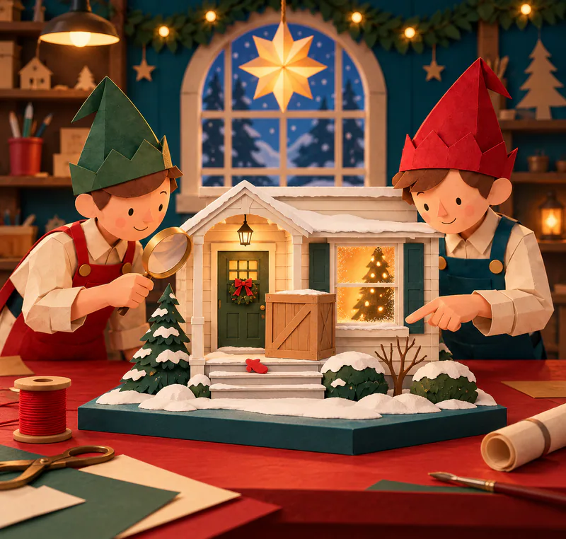 Two paper elves inspect a snowy porch miniature with a magnifying glass, wooden crate, red mitten and glowing Christmas tree window.