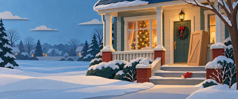A plain wooden crate leans beside a green front door, with a red mitten on snowy steps and a Christmas tree glowing through the frosted window.