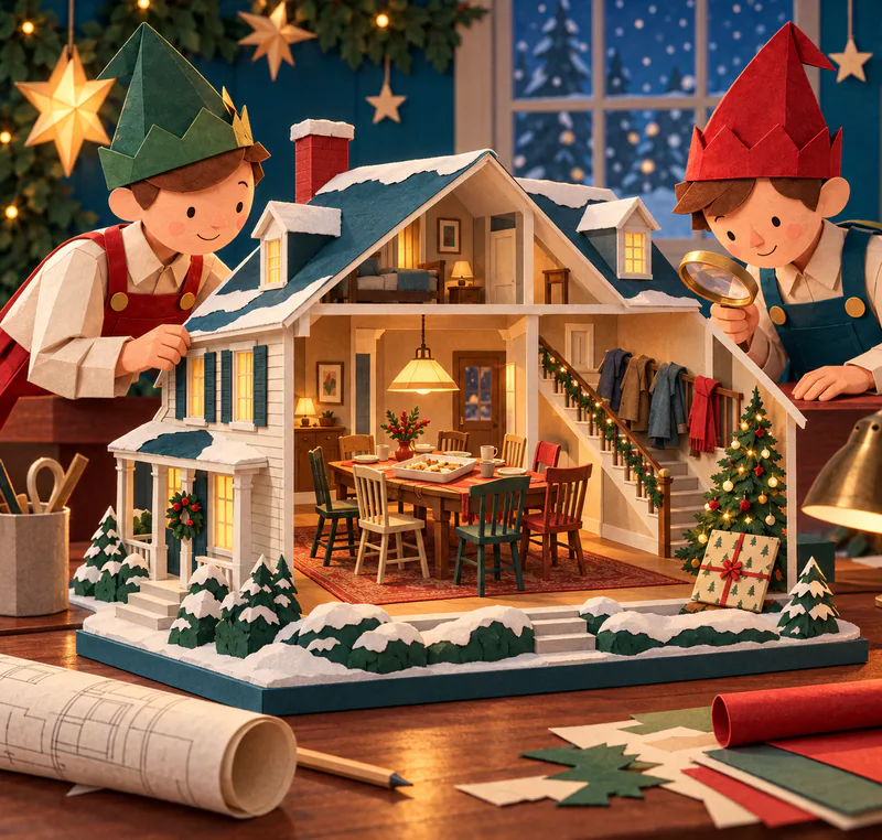 Two paper elves inspect a snowy cutaway house with mismatched chairs around a dining table, coats on the staircase rail and a flat wrapped parcel beside the tree.