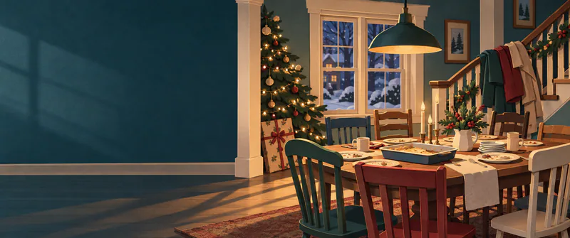 A warmly lit dining table with mismatched chairs and a partly eaten bake sits beside a Christmas tree. A flat parcel and coats on the banister frame the room.