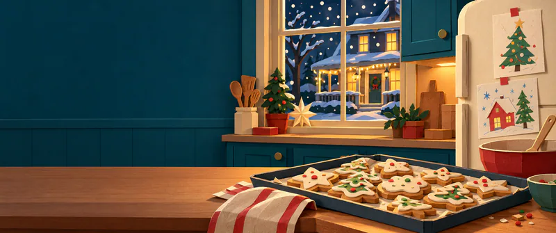 A tray of uneven iced biscuits rests in a warm teal kitchen. Two drawings hang on the cream fridge, and a snowy window reveals a neighbouring porch glowing with lights.