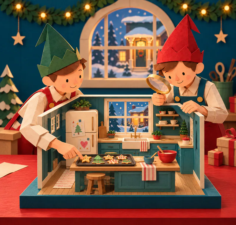 Two paper elves inspect a miniature teal kitchen. One points at iced biscuits while the other holds a magnifying glass above the model's snowy window and cream fridge.