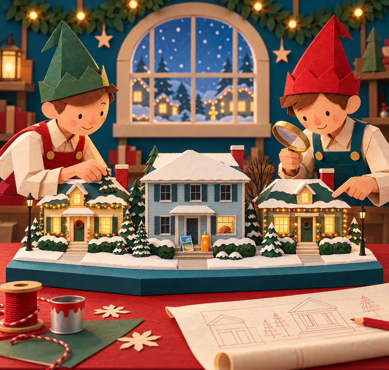 Two paper elves examine a model street with a bare blue house between glowing decorated neighbours. A tiny brochure and bottle sit on its porch, with a ham in its window.