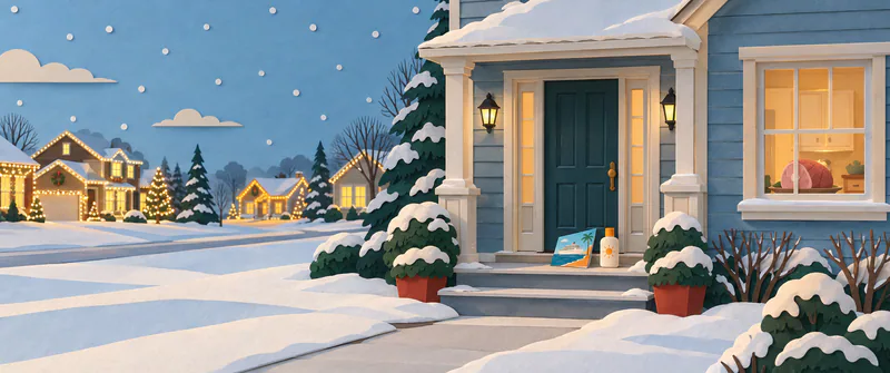 A cruise brochure and sun-lotion bottle sit on snowy steps of a pale blue house without festive decorations. Nearby homes glow with lights, and a ham rests inside the kitchen.