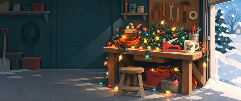 A garage workbench holds tangled coloured Christmas lights, orange cables, a red staple gun and a holly mug. Snow drifts through the open doorway beside it.